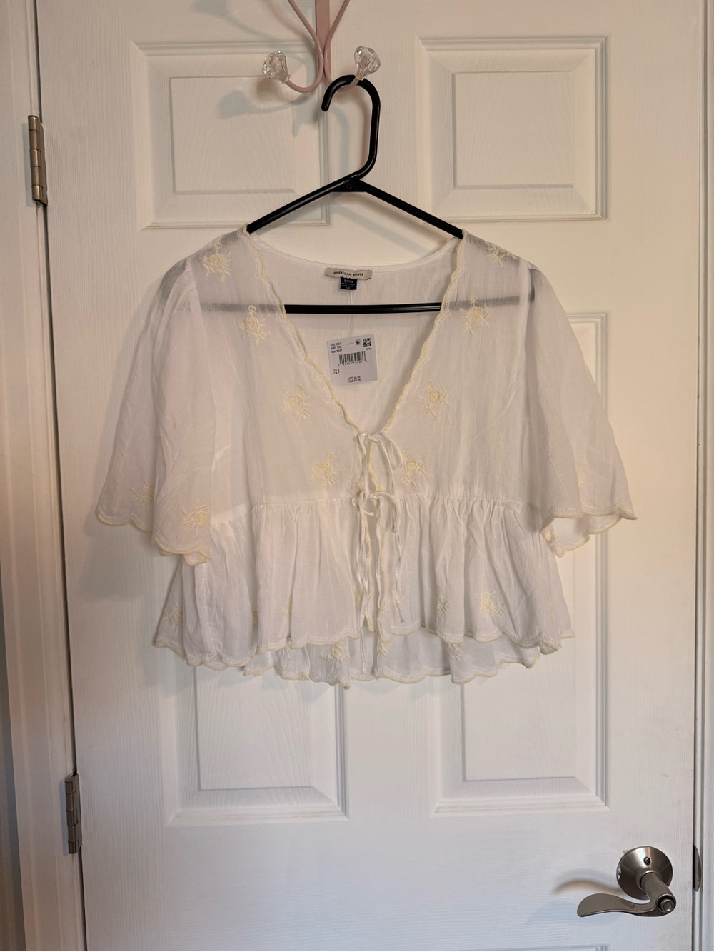 NWT American Eagle White Embroidered Peplum Tie Front Blouse Small Boho